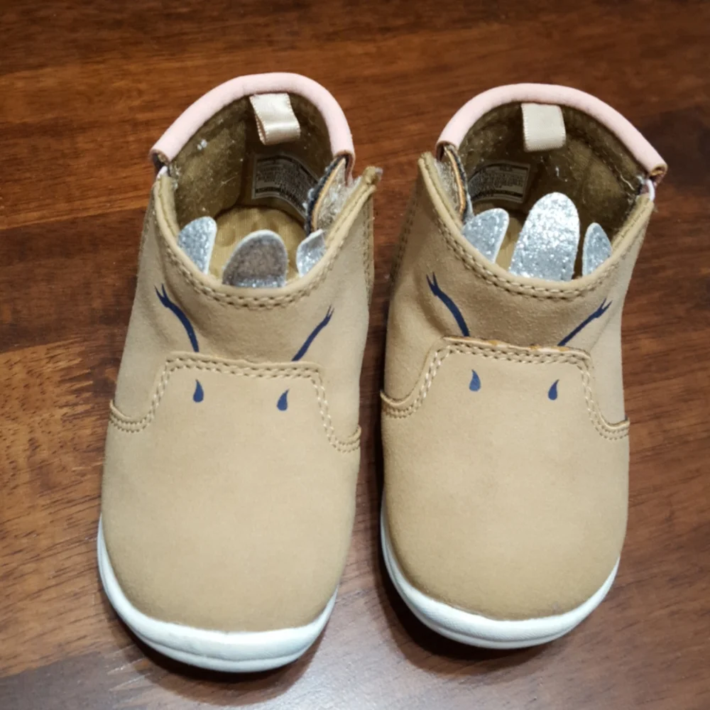 Carter's tan pink unicorn booties velcro fasten sparkle ears and horn sz 3 …EUC